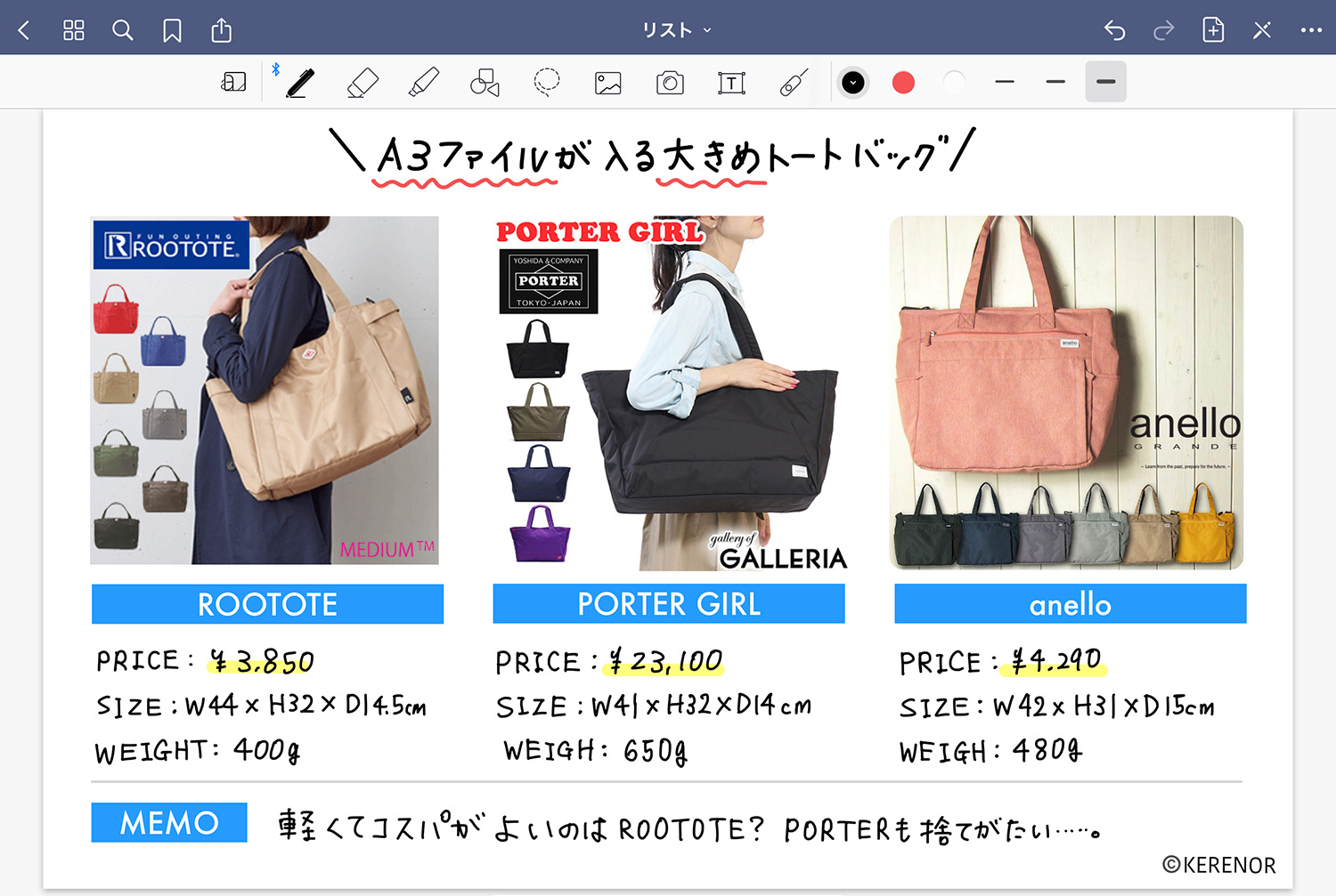 ノートアプリ 「GoodNotes 5」で視覚的に商品を比較する -  バッグ